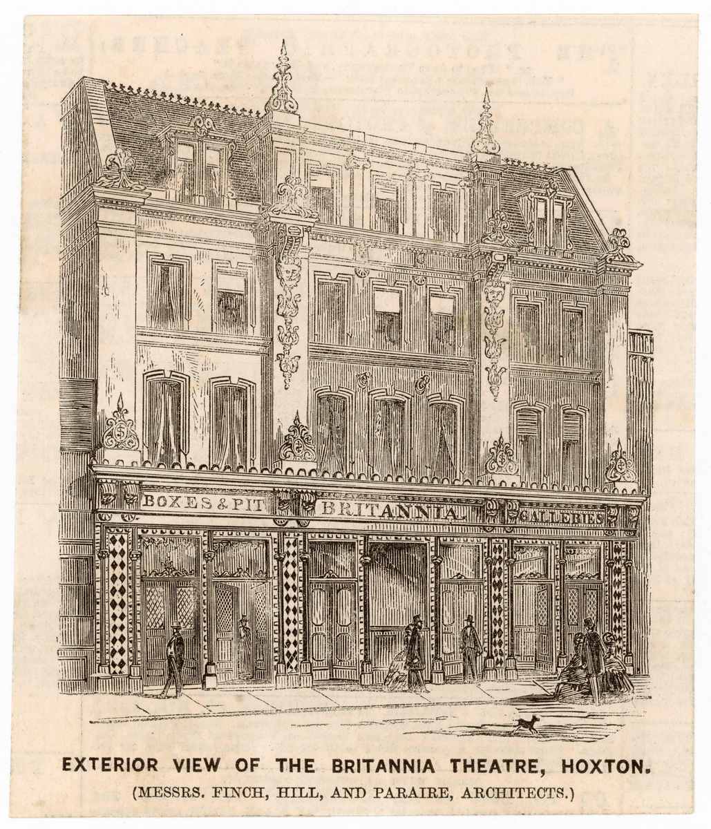 G3B260 Famous music hall in Hoxton,  London. Opened in 1858, built  on the site of the Britannia  Saloon, opened 1841. Converted  to a cinema in 1923 and  destroyed by bombing in 1940.      Date: 1858